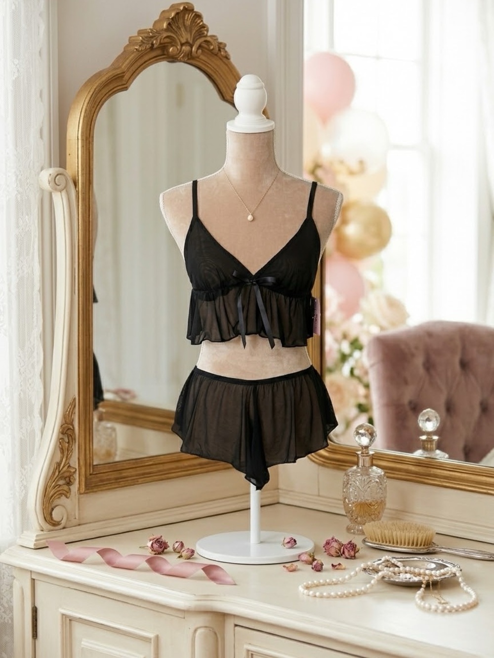 NWT Bed of Roses Sheer Black Ruffle Bralette & Shorts Lingerie Set Medium